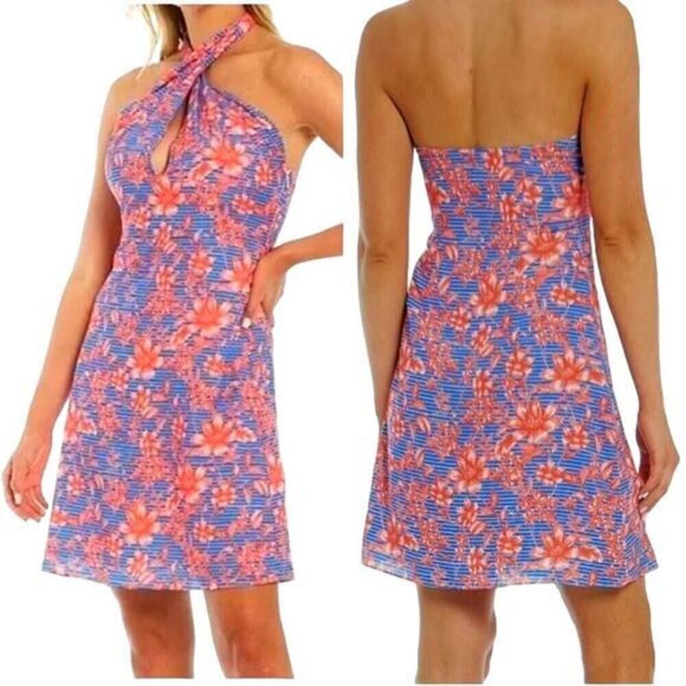 Belle Badgley Mischka Delilah Halter Dress Floral‎ Coral Blue Womens Size 6 NWT